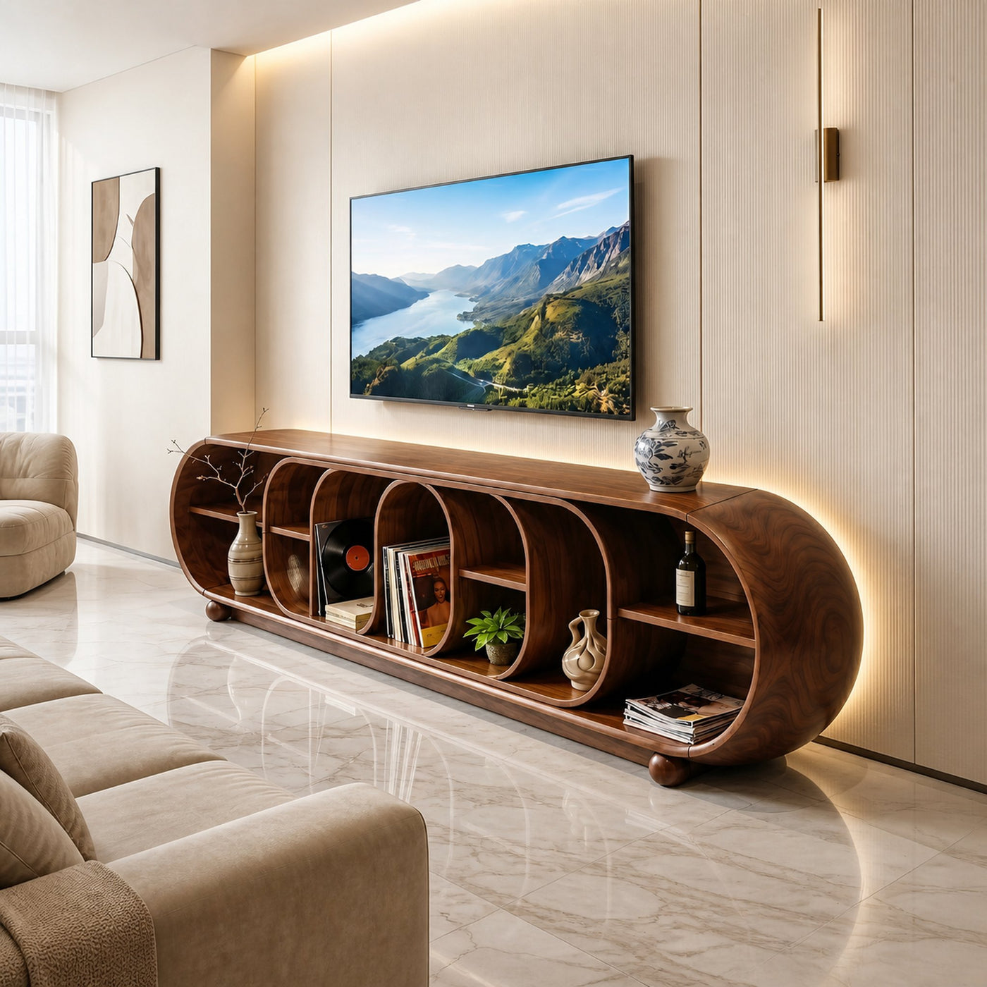Mid Century Organic TV Console For Contemporary Interior