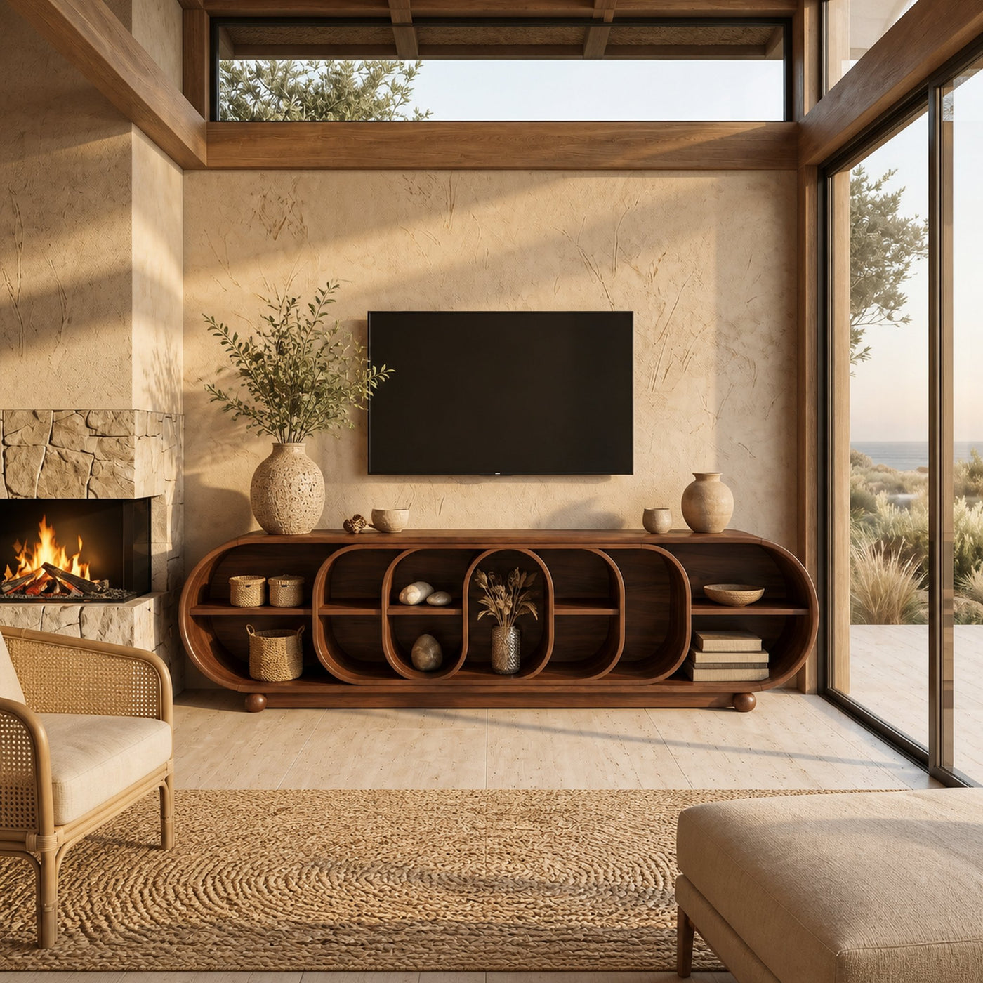 Mid Century Organic TV Console For Contemporary Interior - product view 3