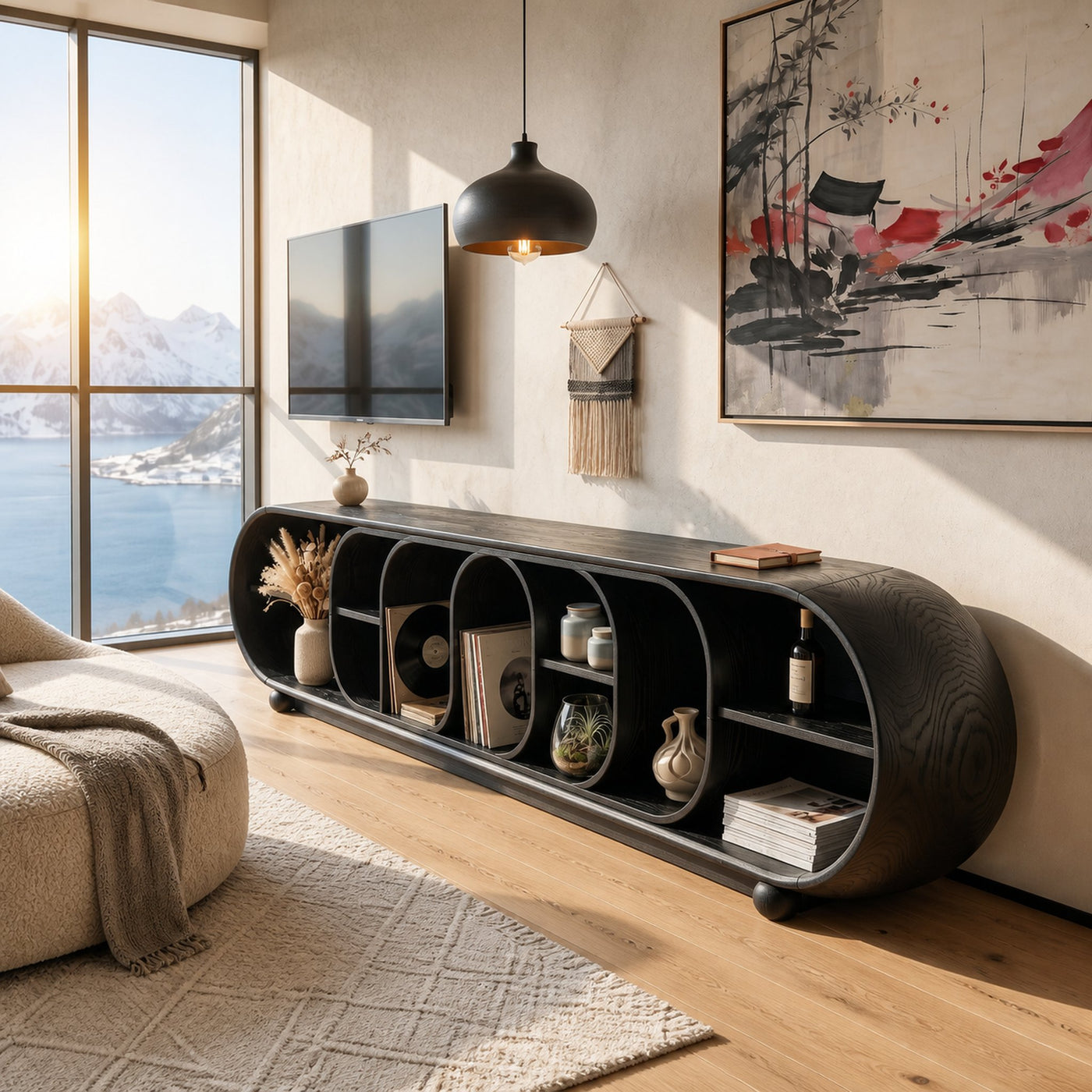 Mid Century Organic TV Console For Contemporary Interior - product view 4