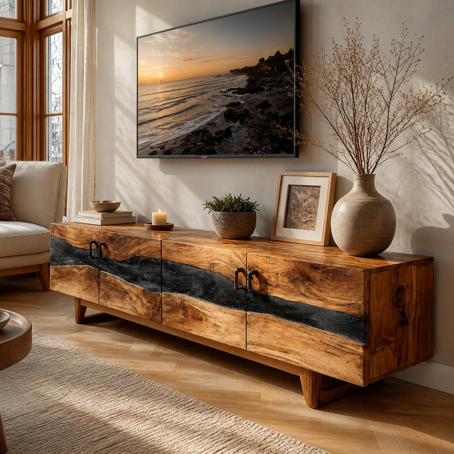 Mid Century Rustic Wooden TV Stand For Living Room
