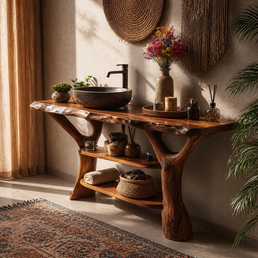 Mid Century Solid Wood Bathroom Vanity For Rustic Furniture Decoration