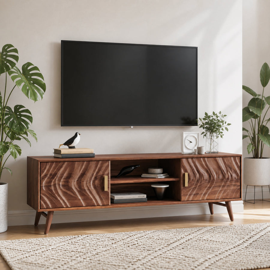 Mid Century TV Stand Wave Cabinet For Living Room And Media