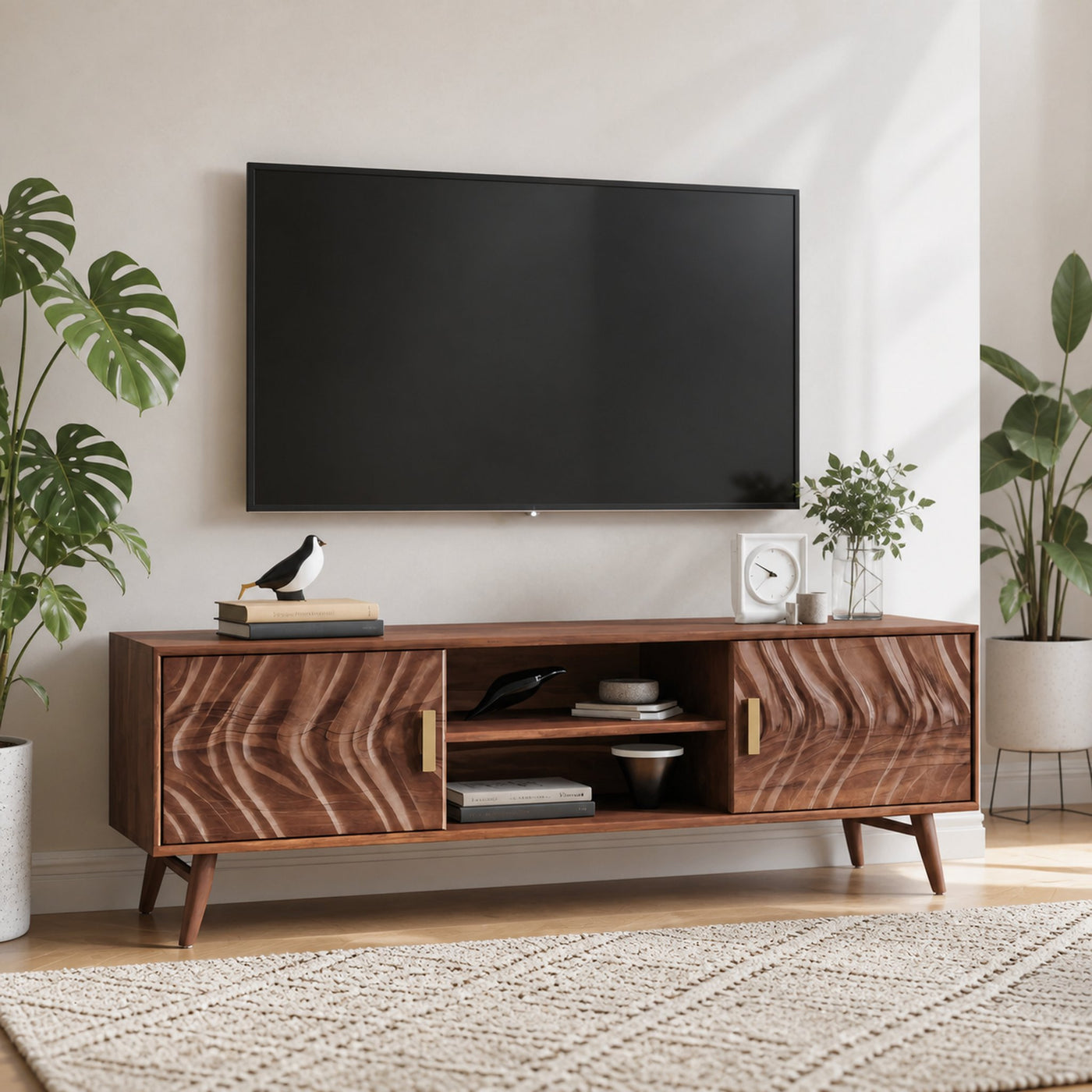 Mid Century TV Stand Wave Cabinet For Living Room And Media