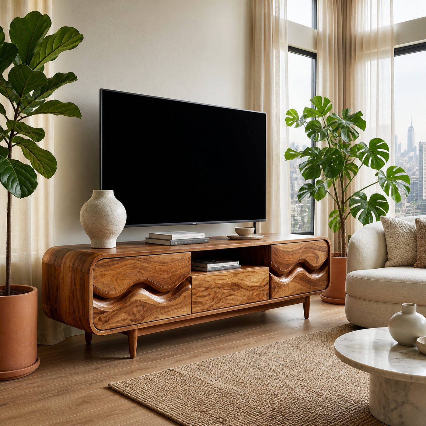 Mid Century Wood TV Cabinet With Wavy Pattern For Living - product view 2