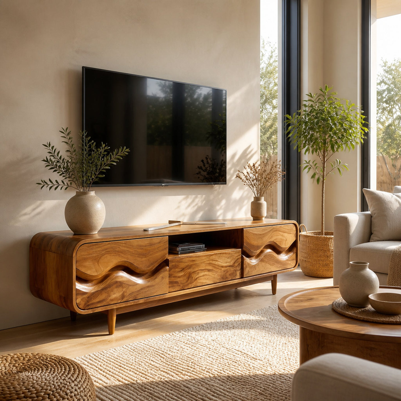 Mid Century Wood TV Cabinet With Wavy Pattern For Living - product view 5
