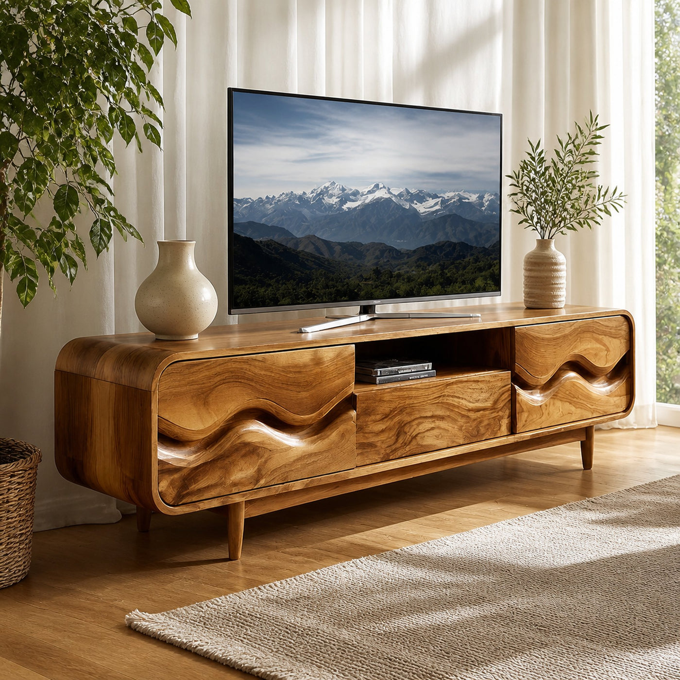 Mid Century Wood TV Cabinet With Wavy Pattern For Living - product view 6