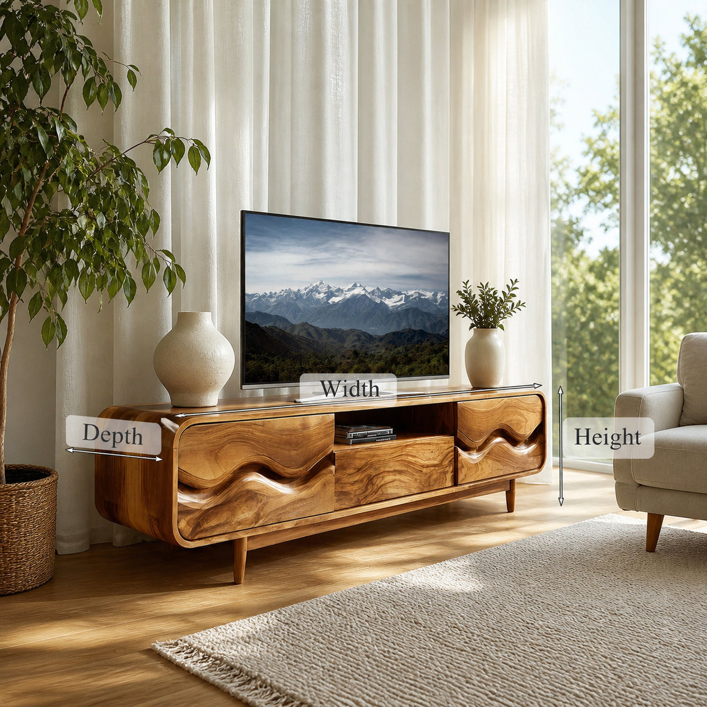 Mid Century Wood TV Cabinet With Wavy Pattern For Living - product view 7