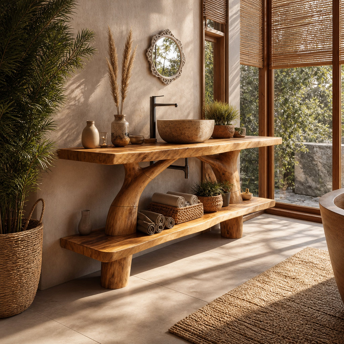 Mid Century Wooden Live Edge Bathroom Vanity For Apartment Living Room
