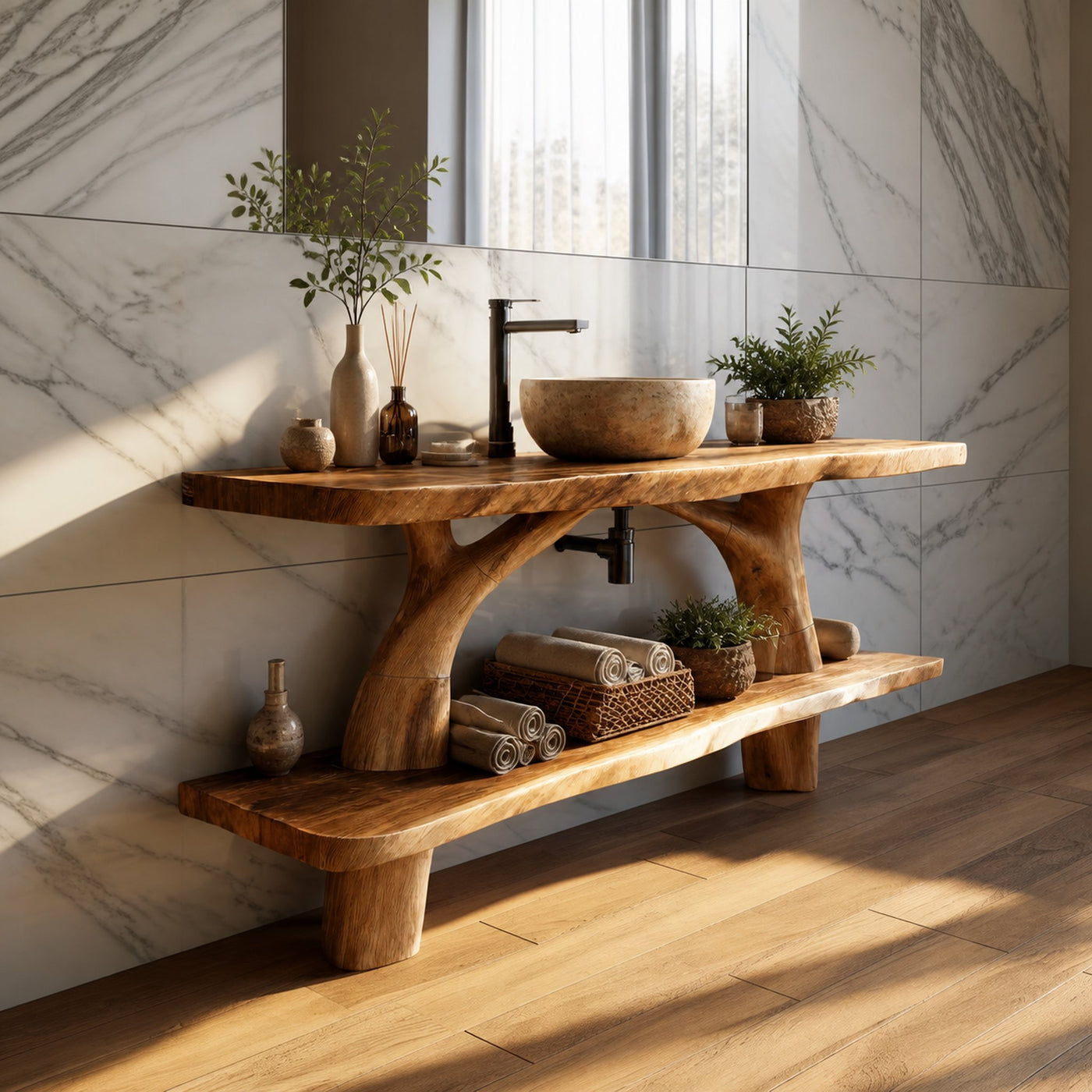 Mid Century Wooden Live Edge Bathroom Vanity For Apartment Living Room - product view 2