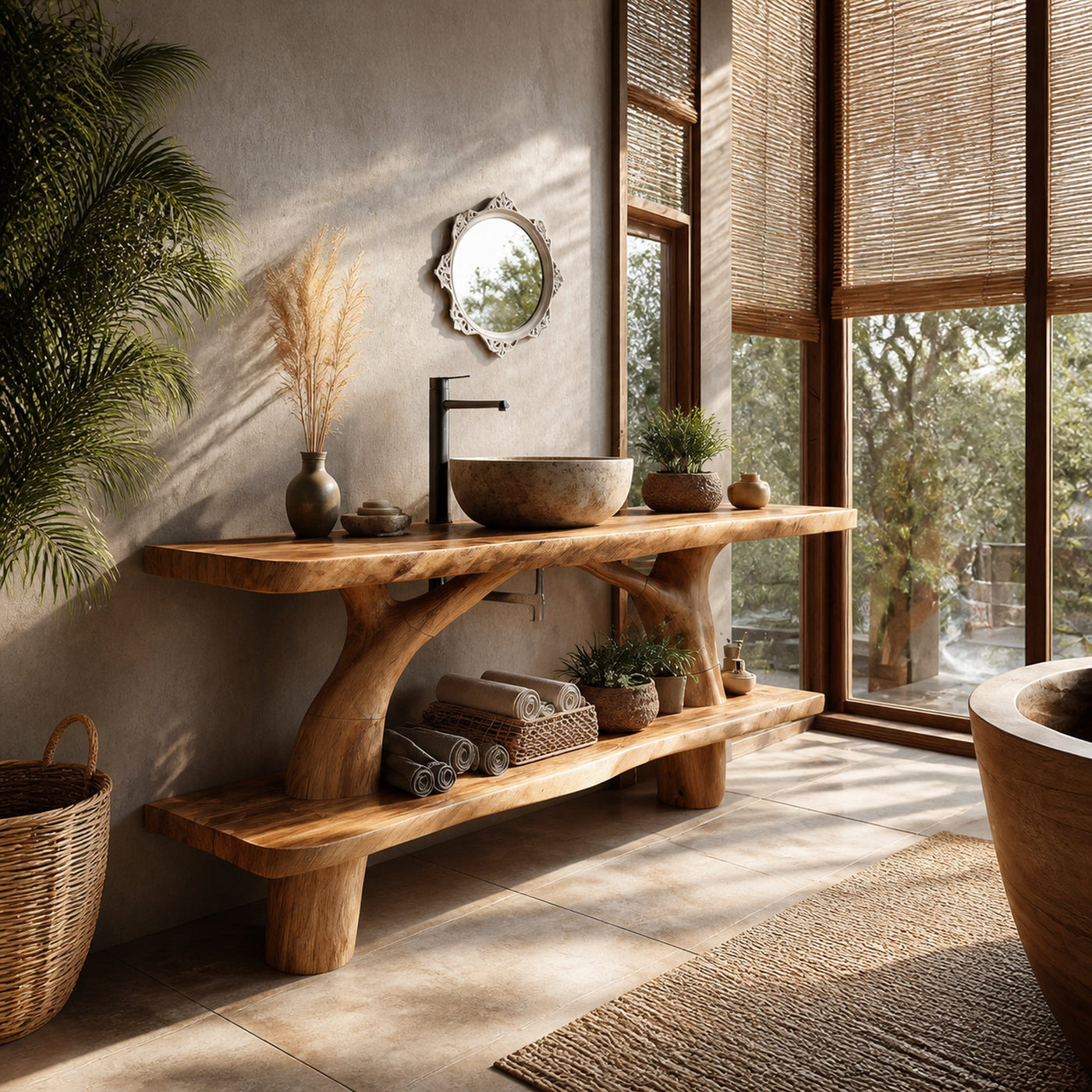 Mid Century Wooden Live Edge Bathroom Vanity For Apartment Living Room - product view 3