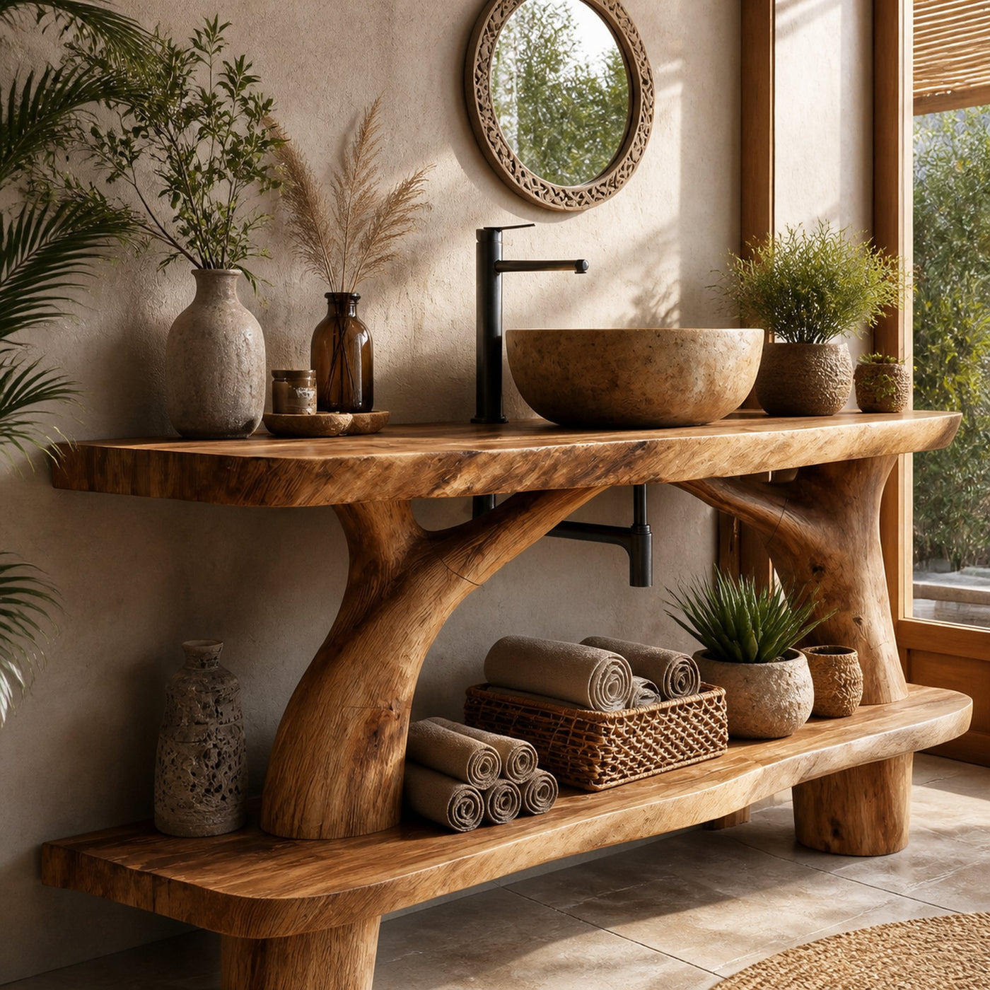 Mid Century Wooden Live Edge Bathroom Vanity For Apartment Living Room - product view 4