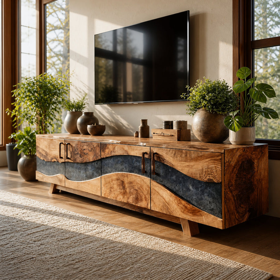 Mid Century Wooden Live Edge TV Stand For Living Room Decor