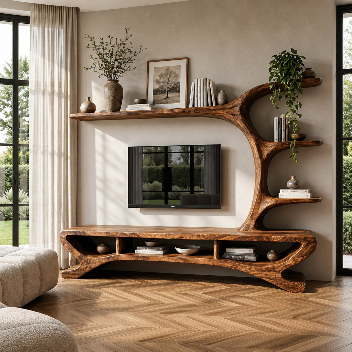 Mid Century Wooden TV Stand Sculptural Design For Living Room