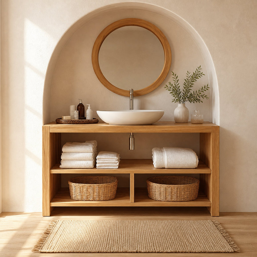 Minimalist Bathroom Storage Cabinet With Open Shelves And Natural Wood Design For Bathroom