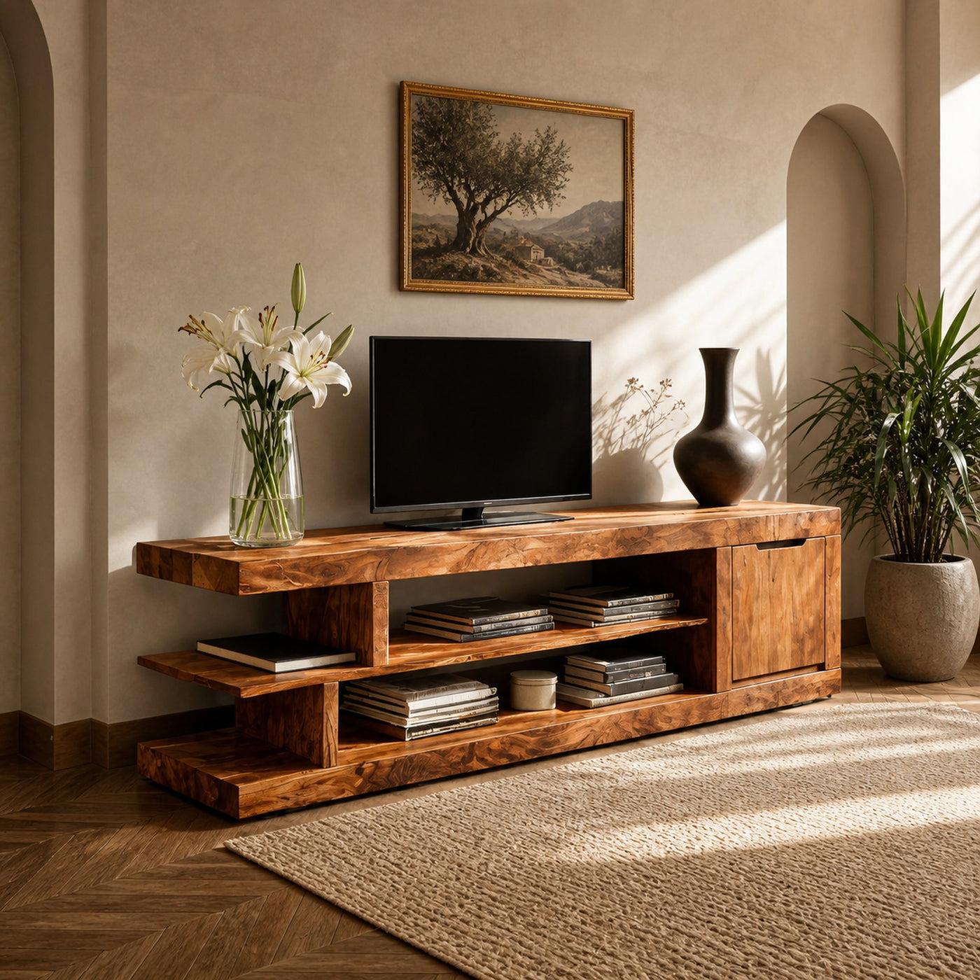 Minimalist TV Cabinet With Open Shelves For Living Room