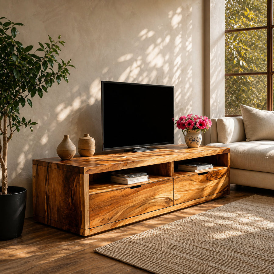 Minimalist TV Stand With Natural Wood Pattern For Living
