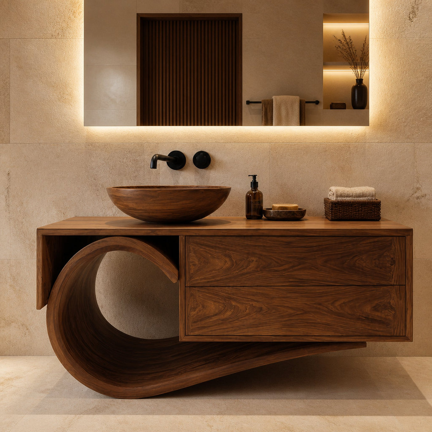 Modern Bathroom Vanity With Curved Loop Base For Bathroom Use