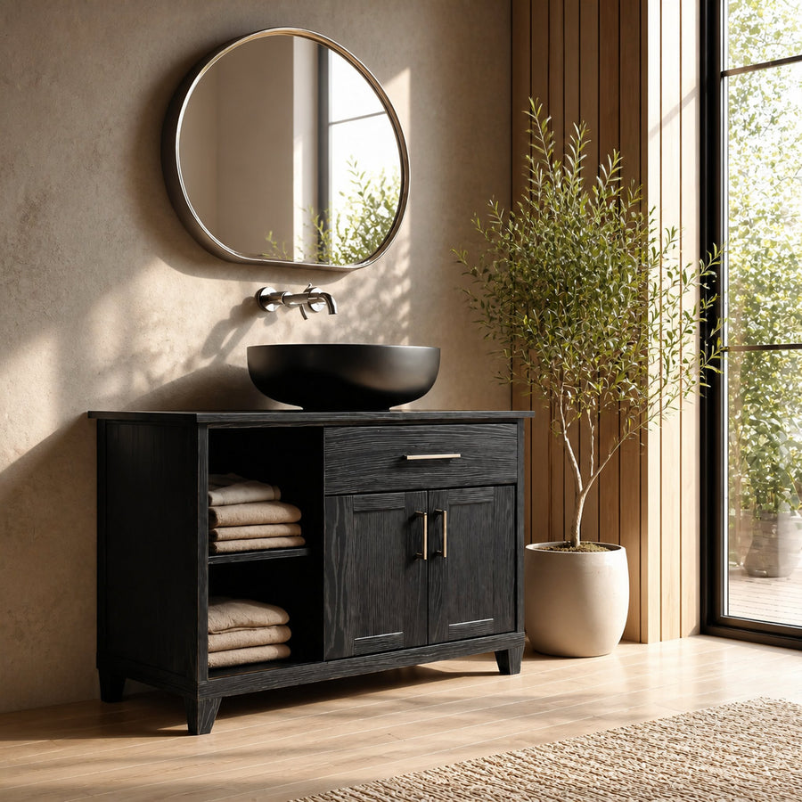 Modern Black Bathroom Vanity Open Shelf Storage For Bathroom