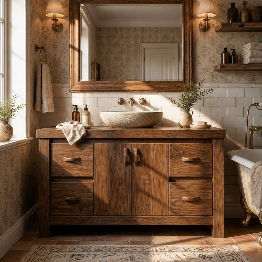 Modern Farmhouse Solid Wood Bathroom Vanity Cabinet Natural Grain Storage