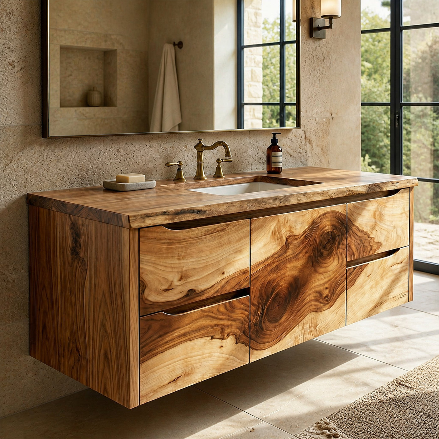 Modern Floating Solid Wood Bathroom Vanity Natural Slab Storage Cabinet