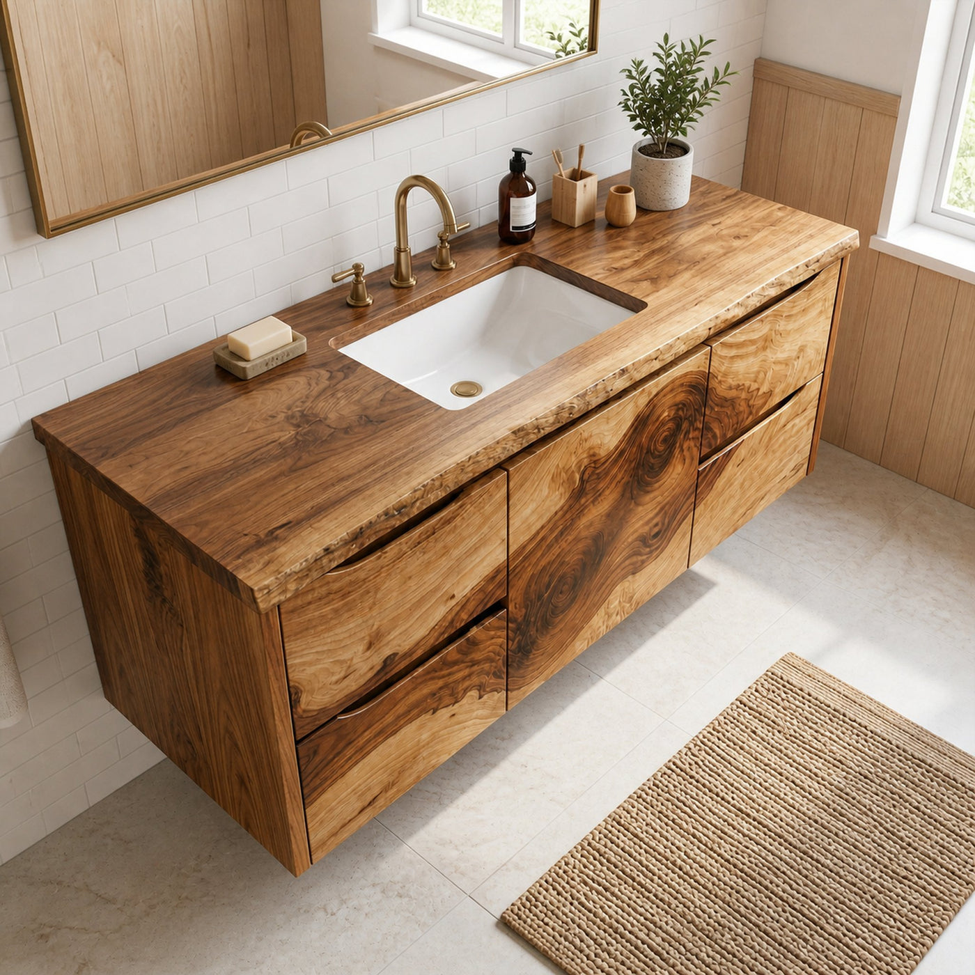 Modern Floating Solid Wood Bathroom Vanity Natural Slab Storage Cabinet - product view 2