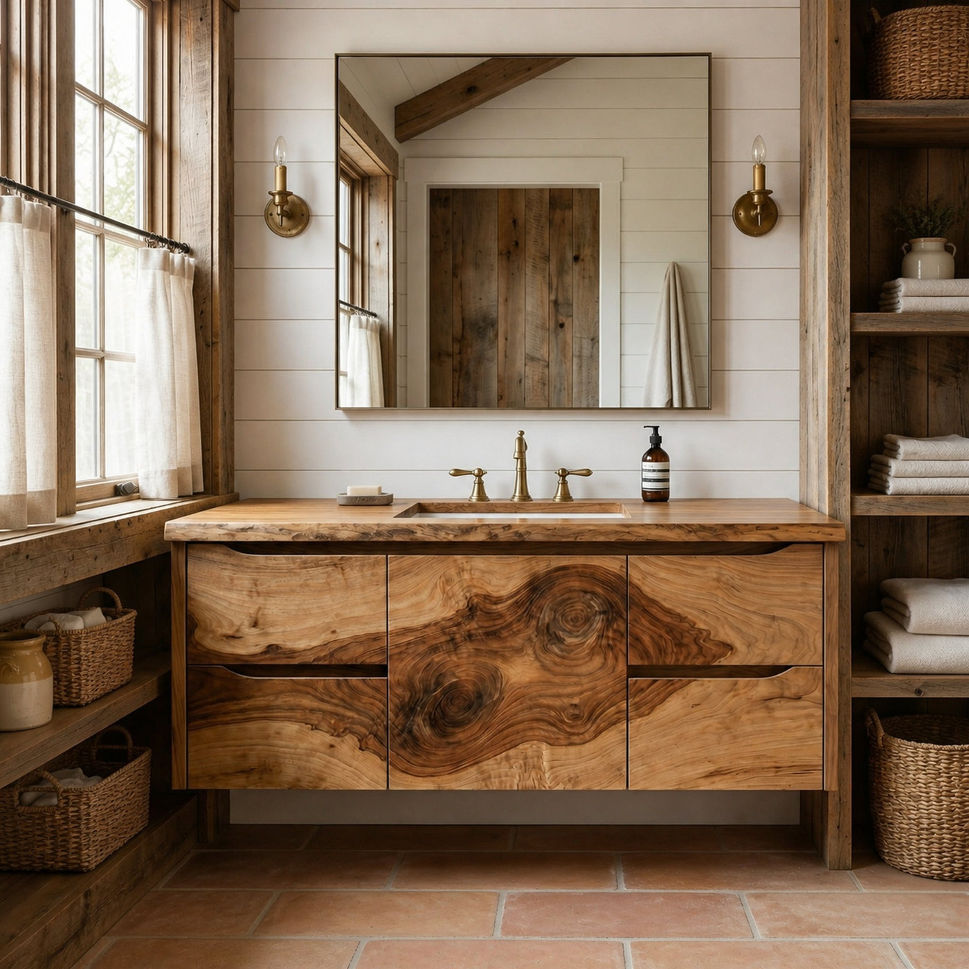 Modern Floating Solid Wood Bathroom Vanity Natural Slab Storage Cabinet - product view 3
