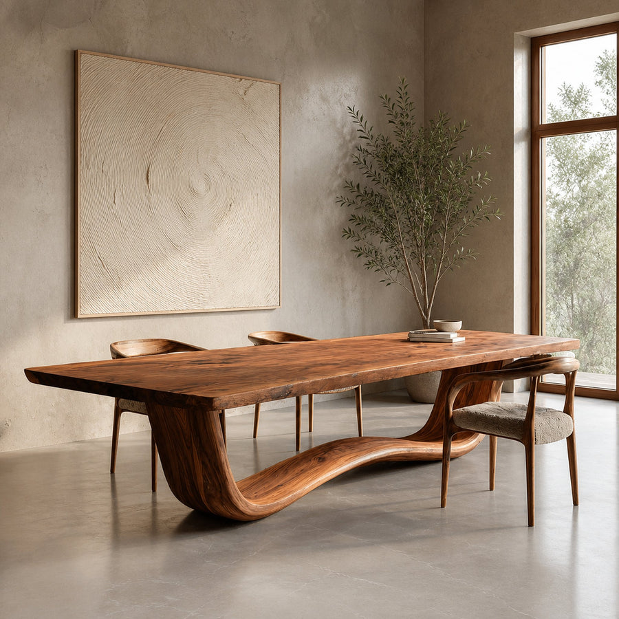 Modern Flowing Wave Base Wooden Dining Table For Dining Space