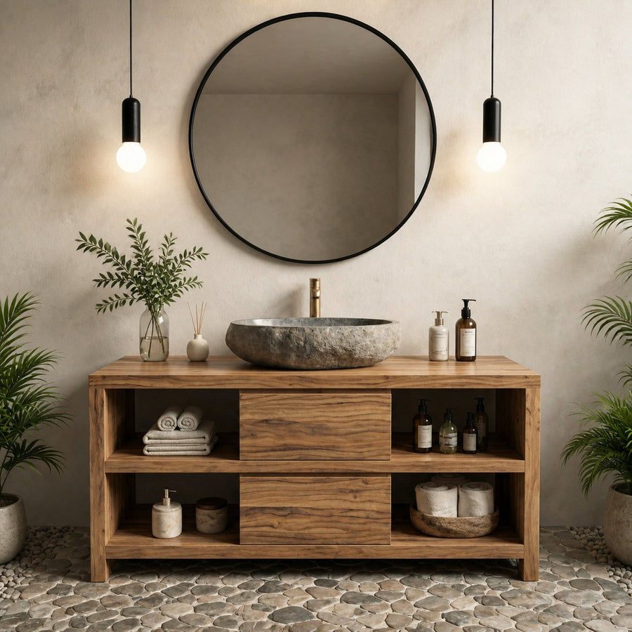 Modern Minimal Solid Wood Bathroom Vanity Open Shelf Storage Cabinet