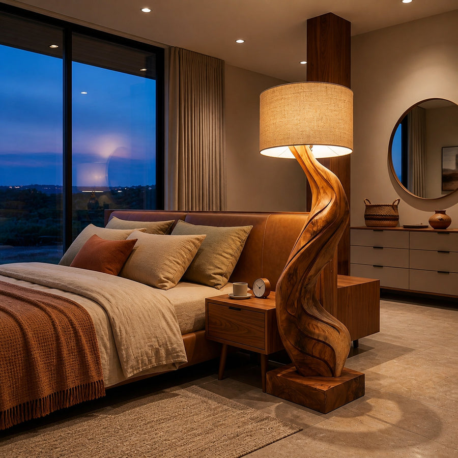 Modern Natural Wood Floor Lamp Flowing Form For Sitting Area