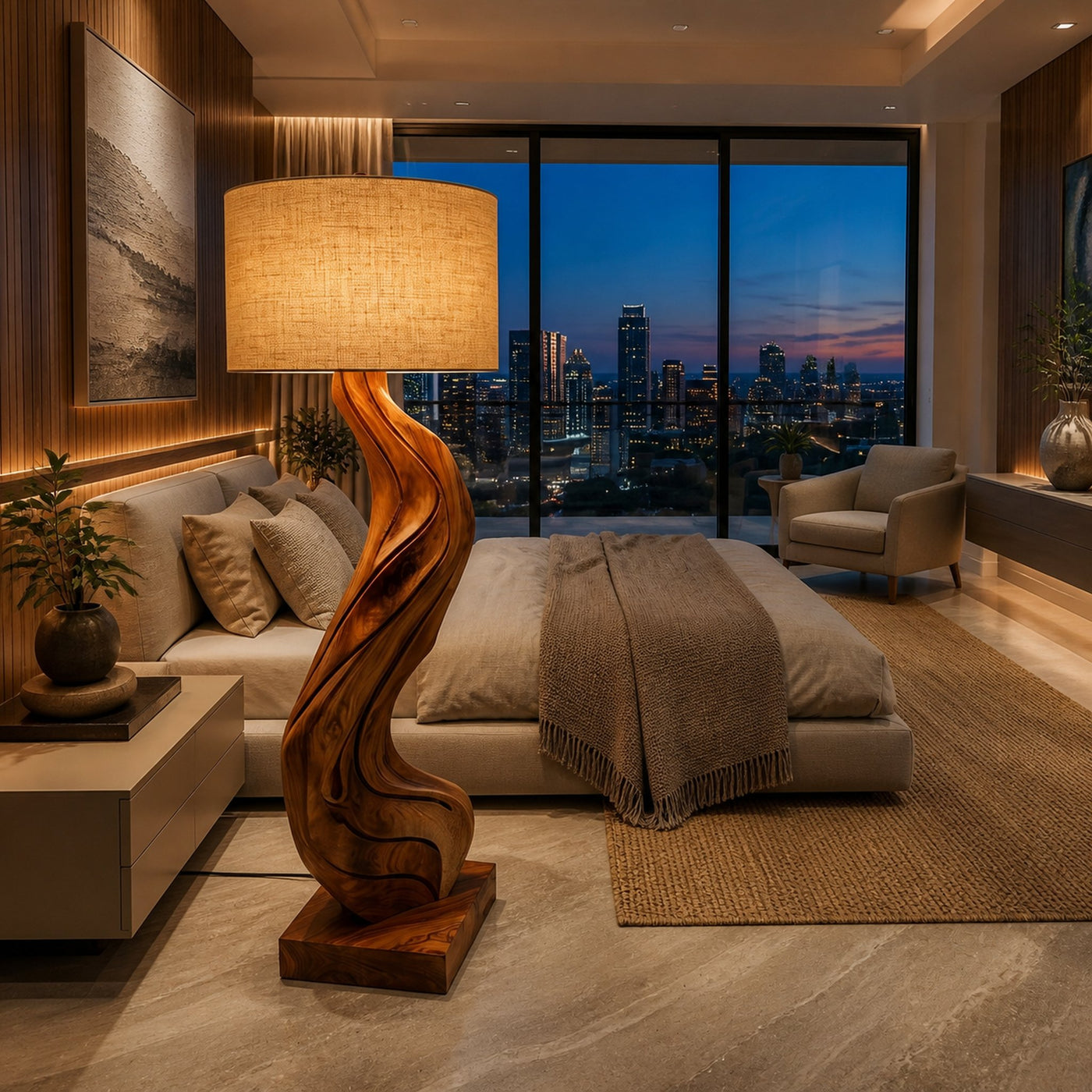 Modern Natural Wood Floor Lamp Flowing Form For Sitting Area - product view 2