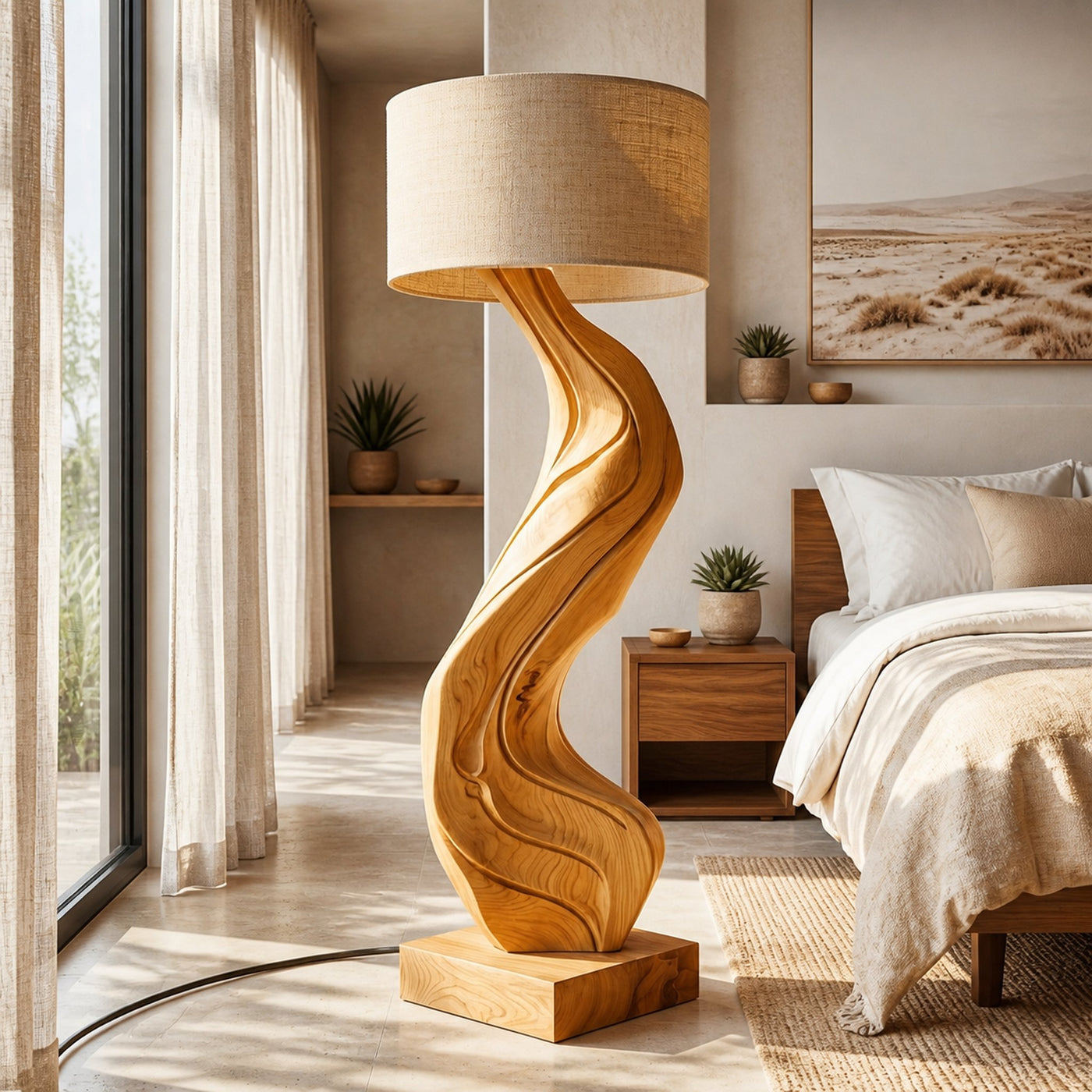 Modern Natural Wood Floor Lamp Flowing Form For Sitting Area - product view 5