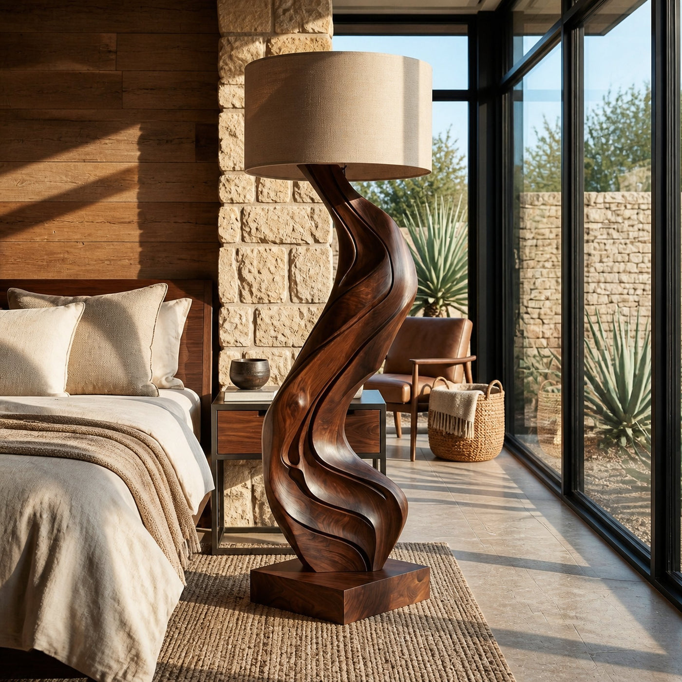 Modern Natural Wood Floor Lamp Flowing Form For Sitting Area - product view 7