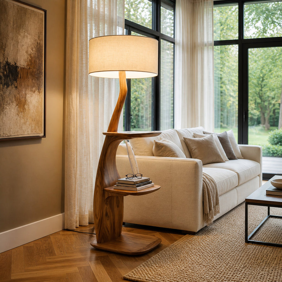 Modern Natural Wood Floor Lamp With Shelves For Living Room