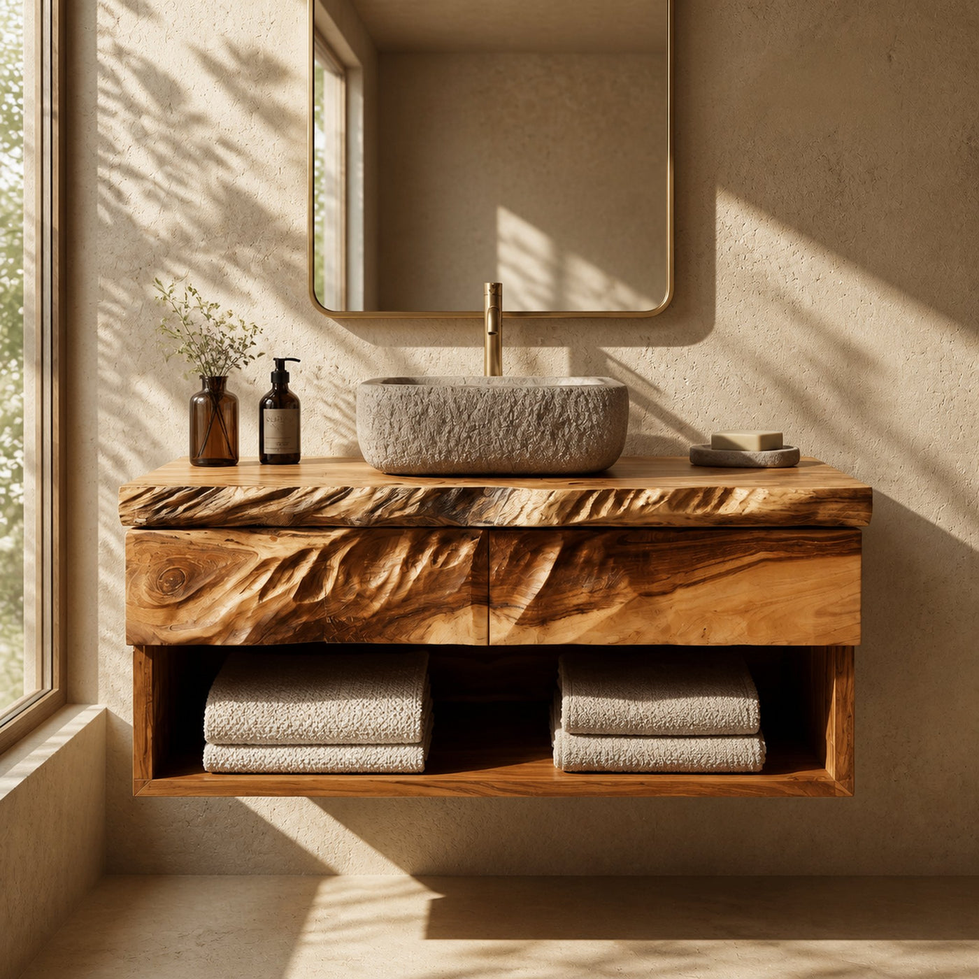 Modern Organic Floating Wooden Bathroom Vanity For Bathroom