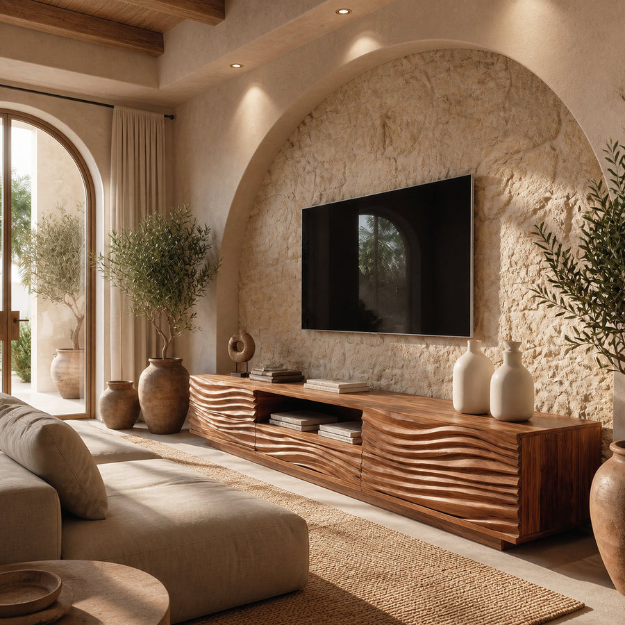 Modern Organic TV Console Sculpted Media Cabinet For Living Room