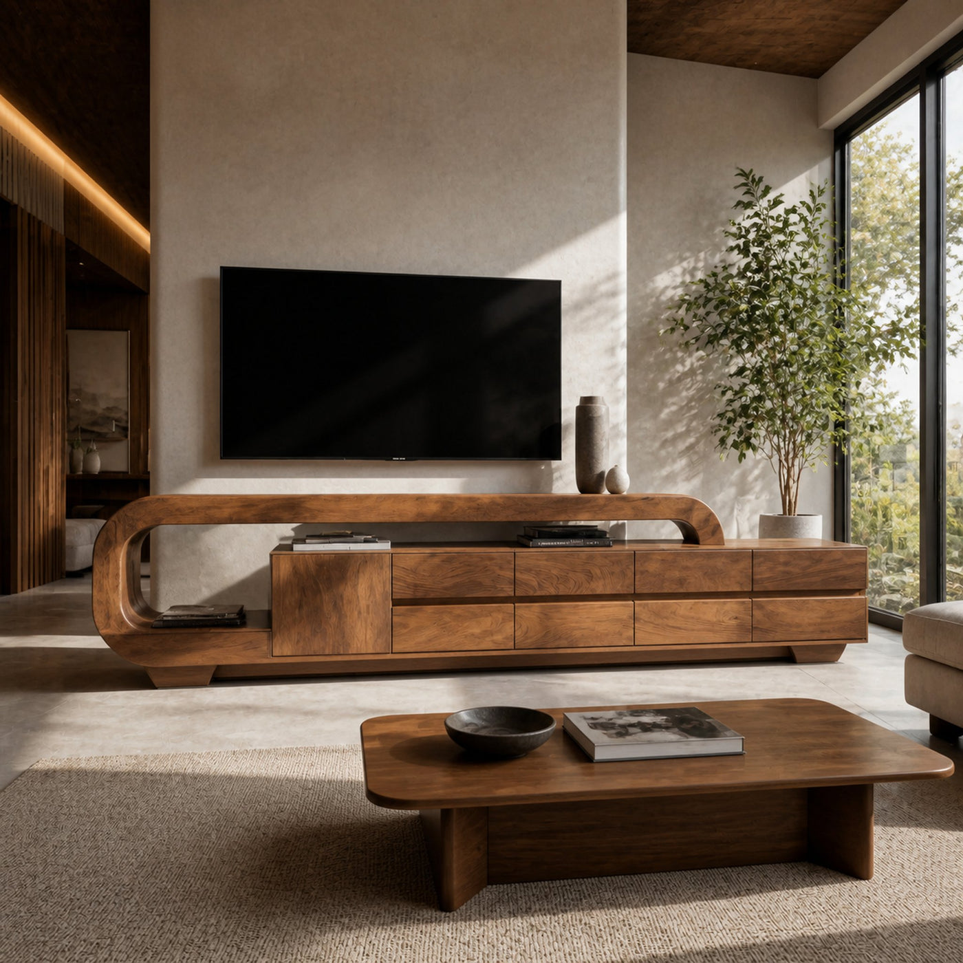Modern Sculpted TV Console With Open Frame For Living Room