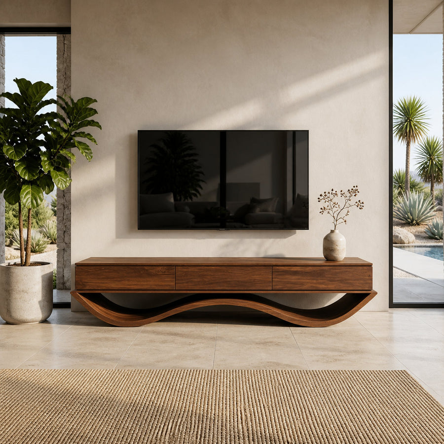 Modern Sculptural TV Console With Curved Base For Living Room