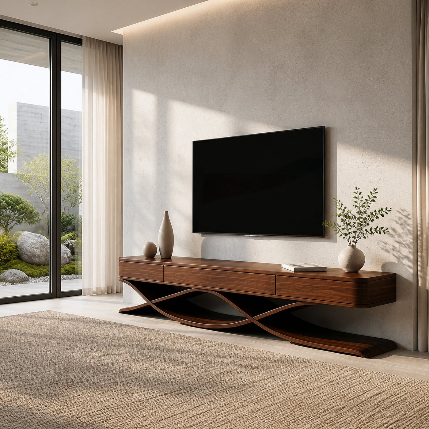 Modern TV Console With Interlocking Sculptural Base For Living Room