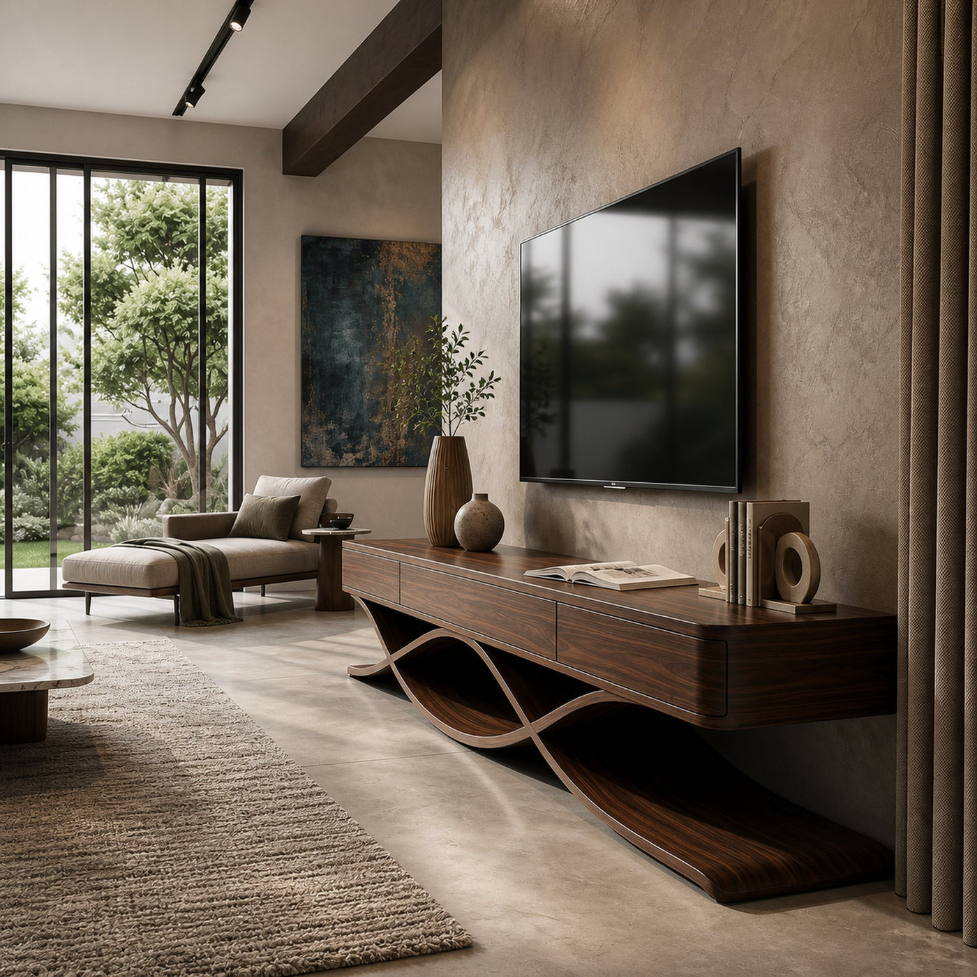 Modern TV Console With Interlocking Sculptural Base For Living Room - product view 3