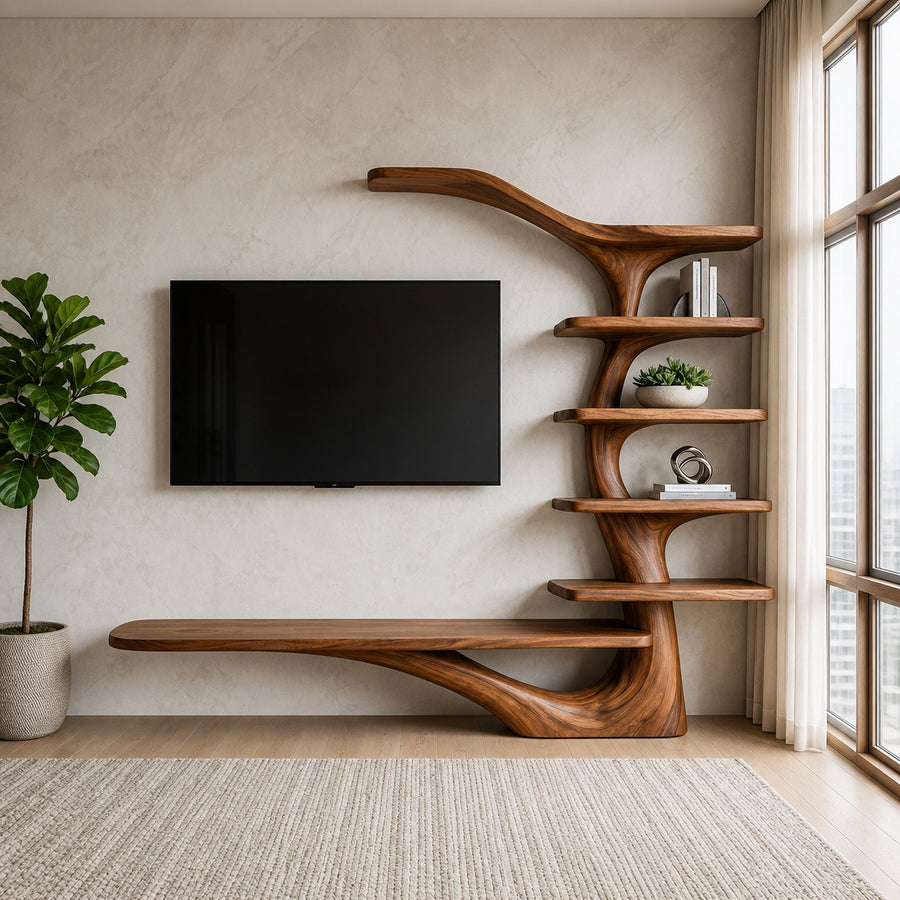 Modern TV Stand With Tree Inspired Shelf For Living Room