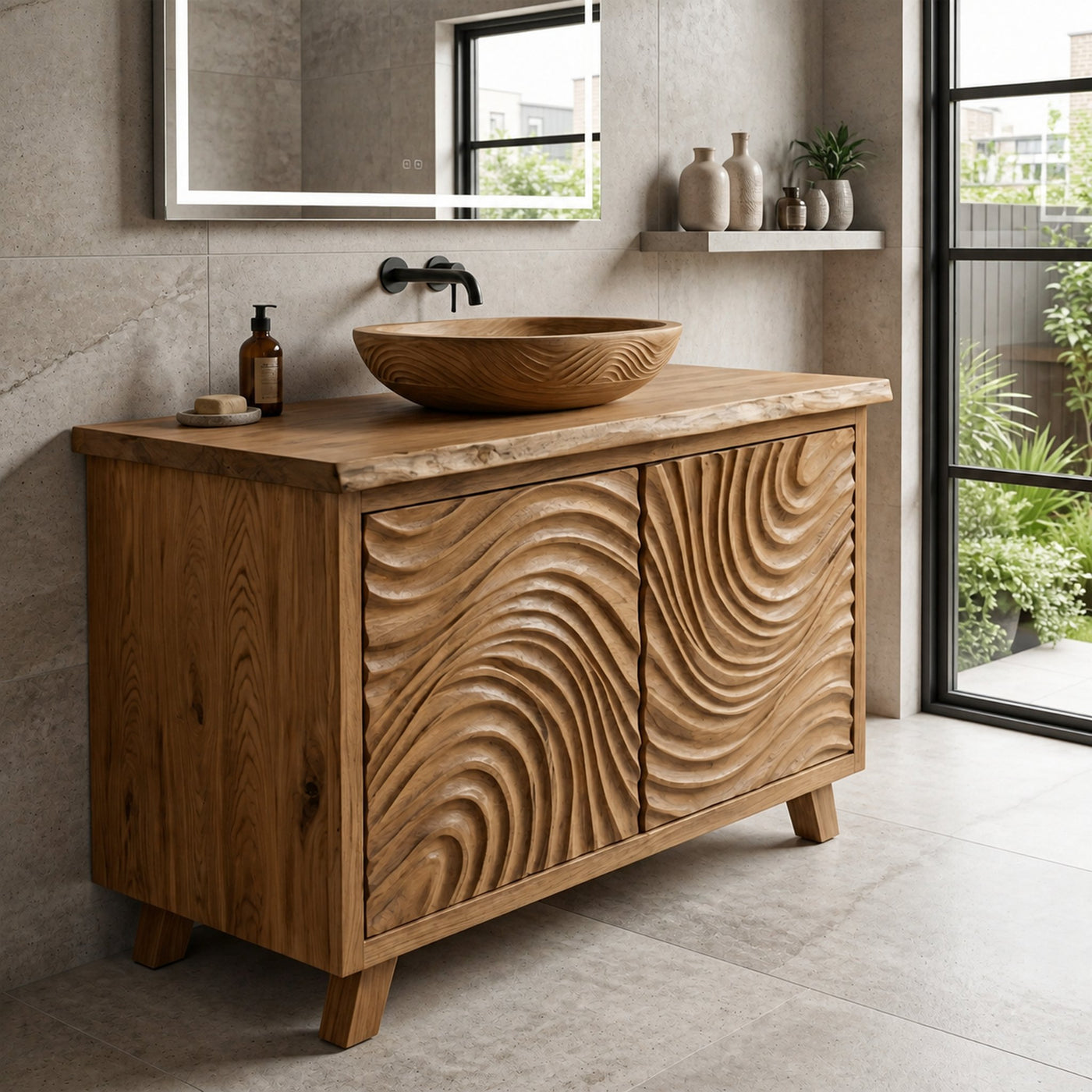 Modern Wave Carved Solid Wood Bathroom Vanity Freestanding Cabinet