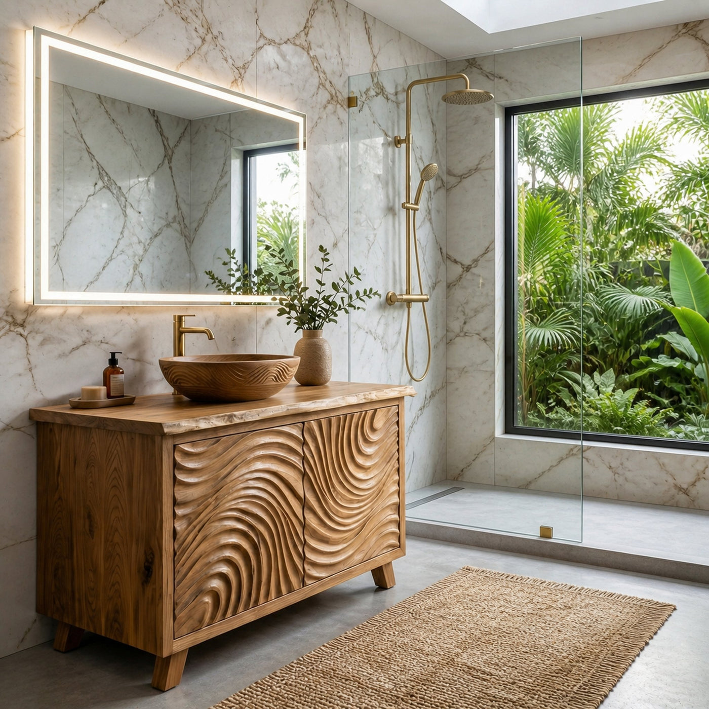 Modern Wave Carved Solid Wood Bathroom Vanity Freestanding Cabinet - product view 2