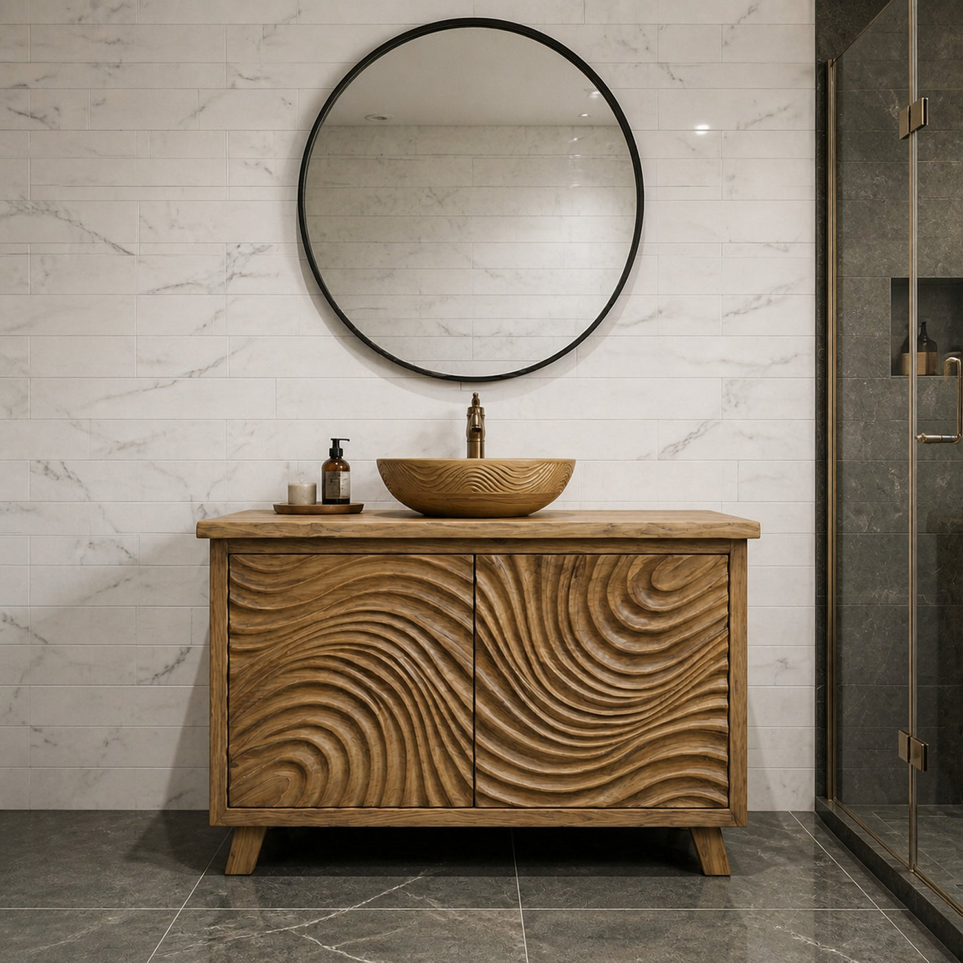 Modern Wave Carved Solid Wood Bathroom Vanity Freestanding Cabinet - product view 3