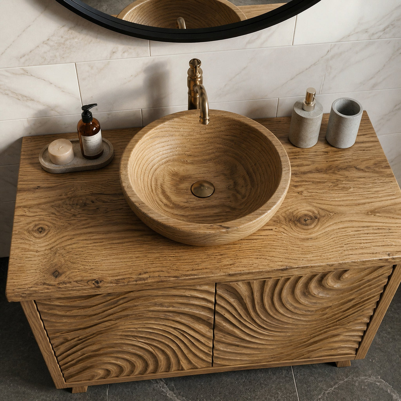 Modern Wave Carved Solid Wood Bathroom Vanity Freestanding Cabinet - product view 4