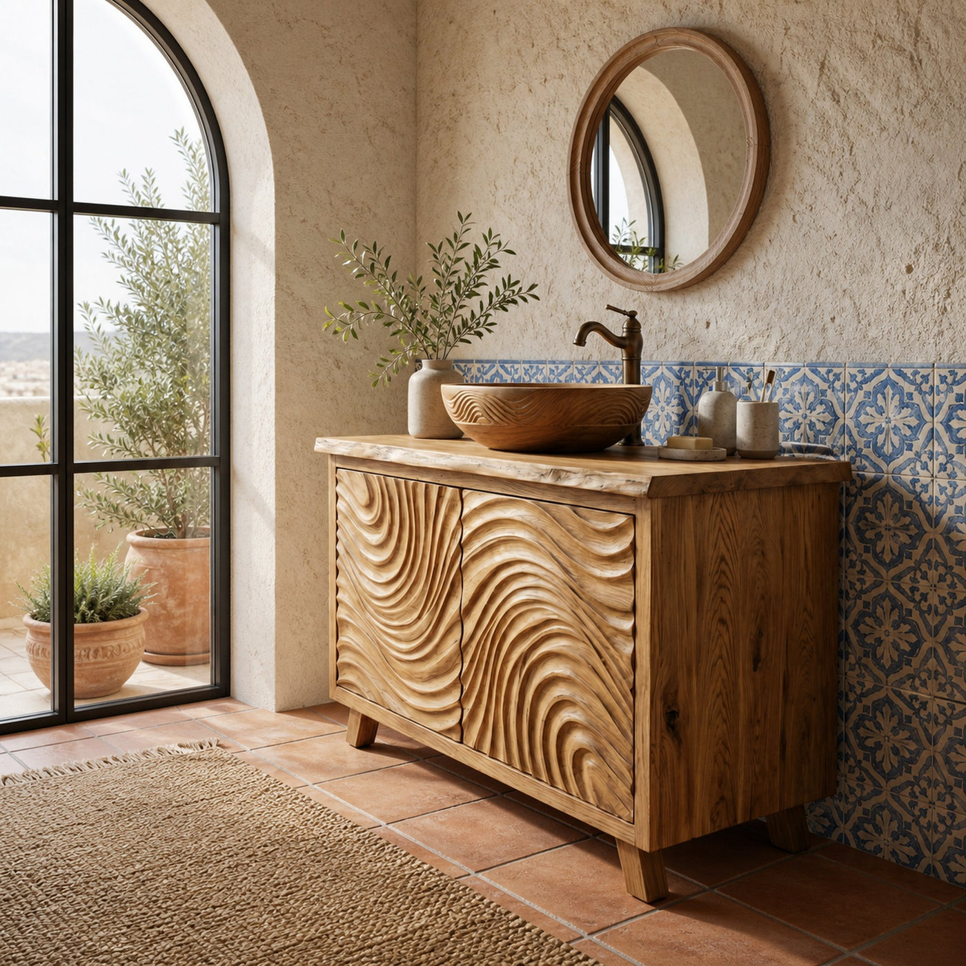 Modern Wave Carved Solid Wood Bathroom Vanity Freestanding Cabinet - product view 5