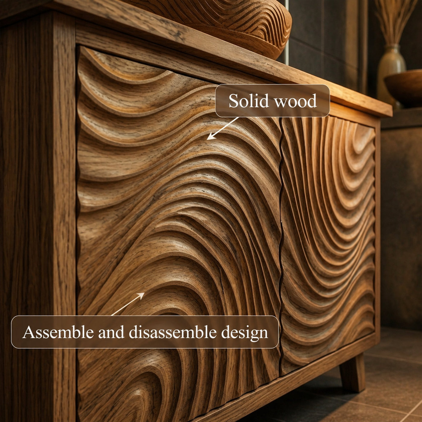 Modern Wave Carved Solid Wood Bathroom Vanity Freestanding Cabinet - product view 6