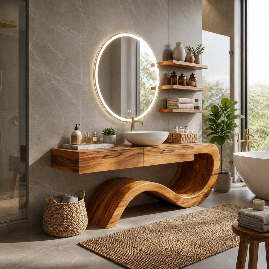 Modern Wood Bathroom Vanity With Sculptural Wave Base For Bath
