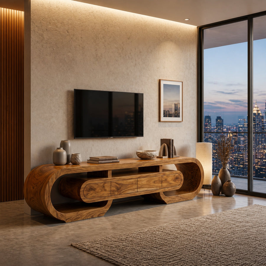 Modern Wood TV Cabinet Curved Design With Drawers For Living
