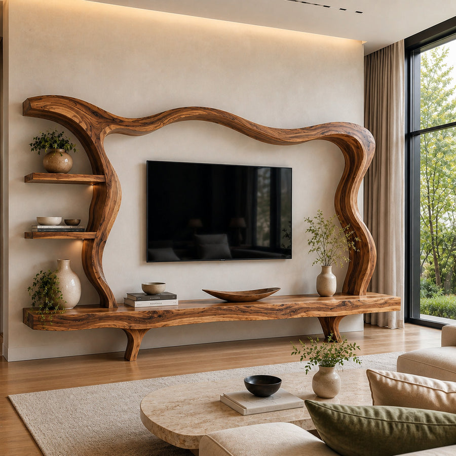 Modern Wood TV Stand With Flowing Frame For Home Decor