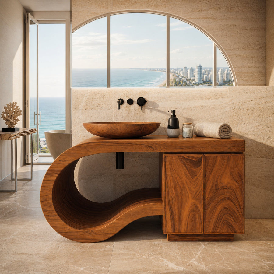 Modern Wooden Bathroom Vanity With Curved Pedestal For Bathroom